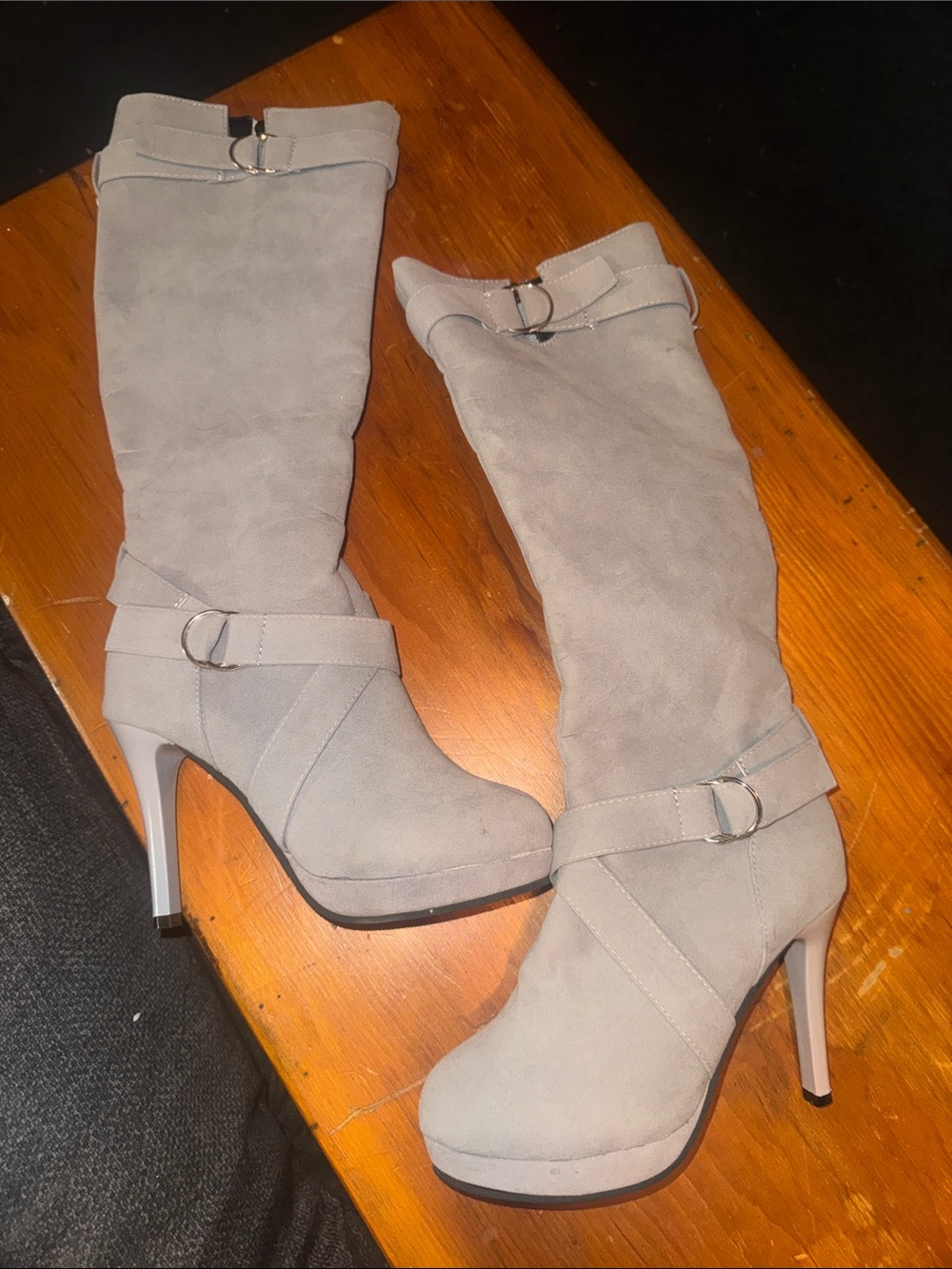 SHEIN Light Gray Suede High-Heel Knee Boots with Buckle Straps